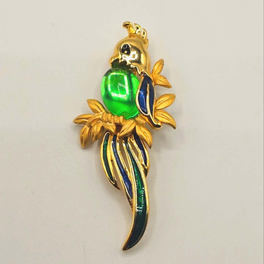 Vintage Cockatoo Parrot Pin Signed Daria, Gold and Green, Jelly Belly, Large Bir
